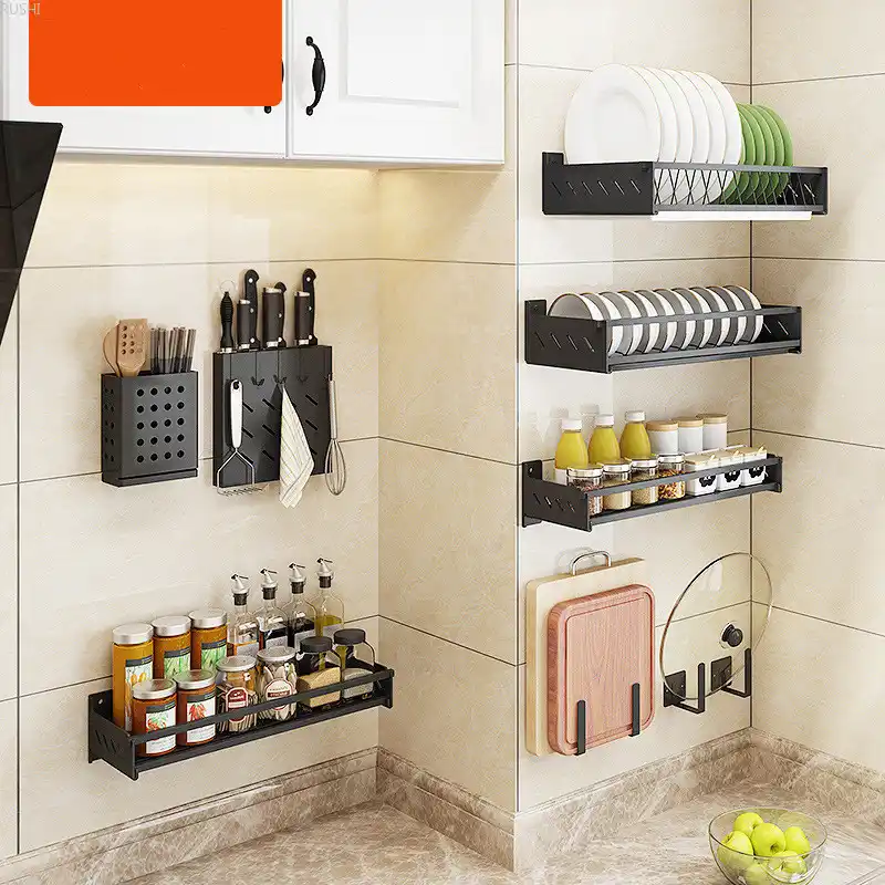 Estante de cocina sin perforaciones DIY para colgar en la pared negro