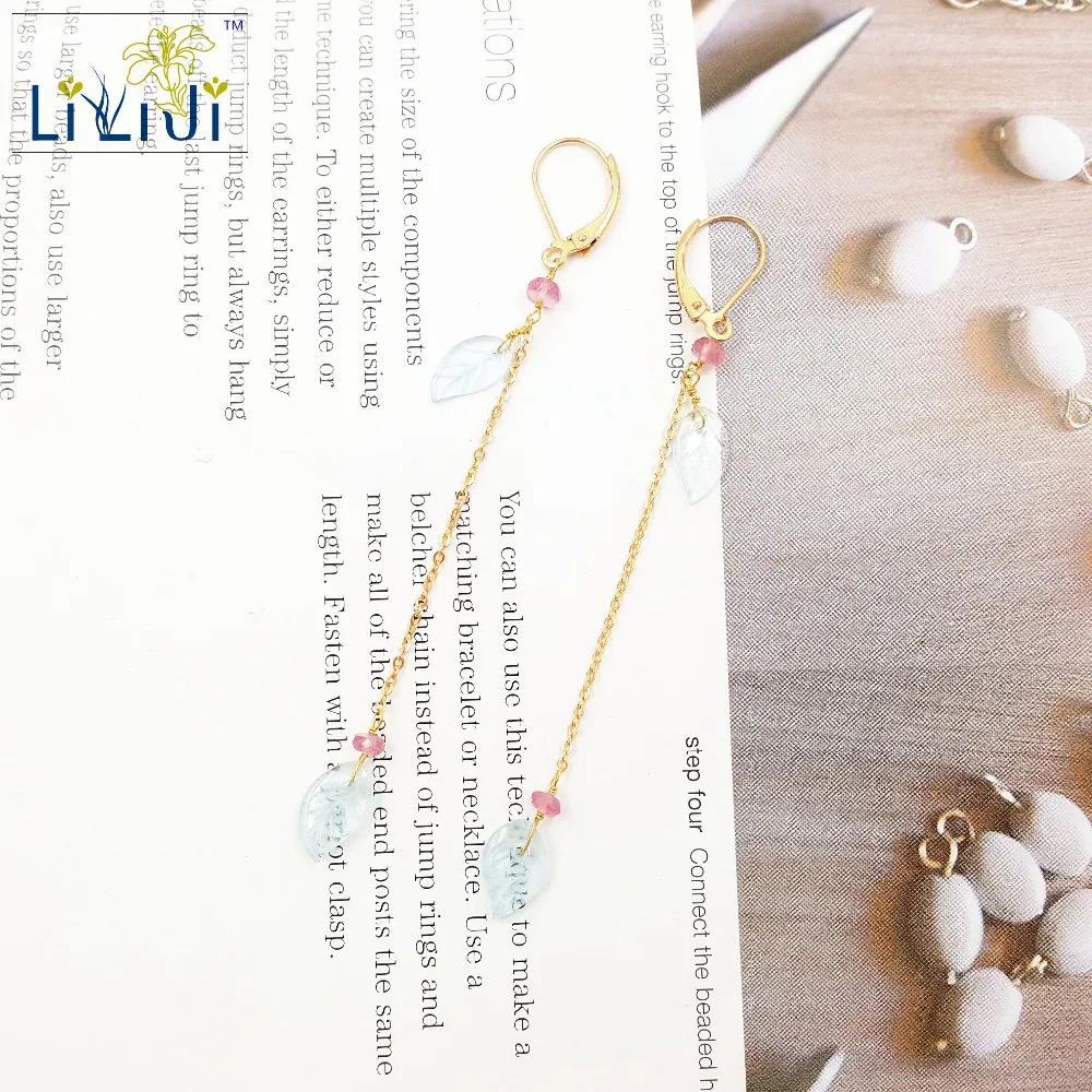 Lii Ji Natural Pink Tourmaline,Aquamarine Leaf Drop 925 sterling silver Chain Drop Earrings Lii Ji Natural Pink Tourmaline,Aquamarine Leaf Drop 925 sterling silver Chain Drop Earrings