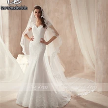 V-образным вырезом Аппликация Кружева Иллюзия Назад Свадебное платье формальное платье для невесты с коротким рукавом Русалка свадебное платье платья подсчет поезда