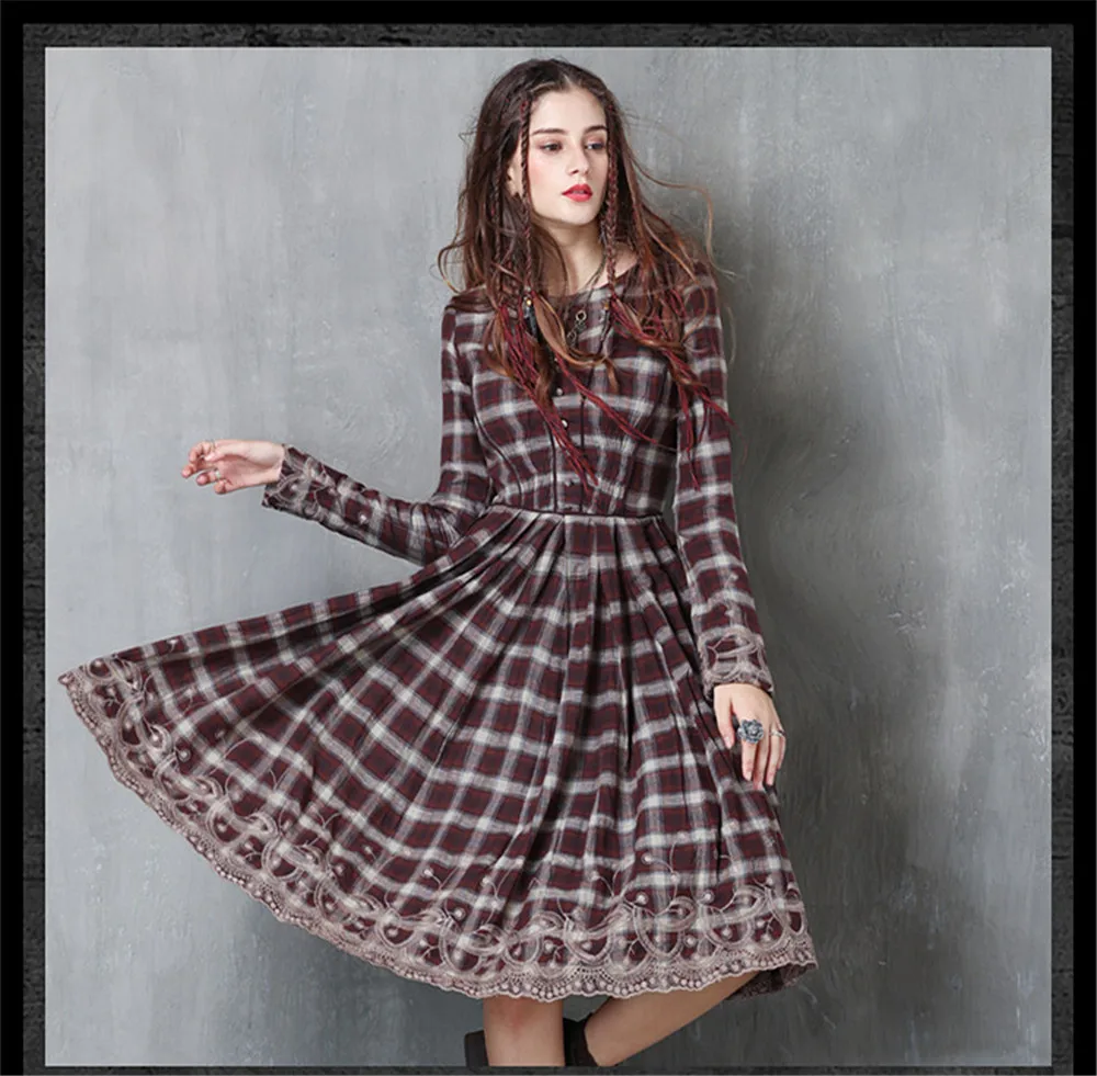 Vintage Embroidery Plaid Women Dress 2017 Autumn Vestido Femininos Cotton Long Sleeve Dress Plaid Patchwork O neck Women Dresses (5)