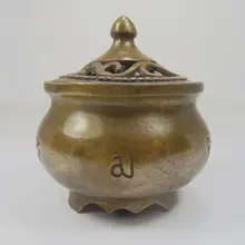 Старая медная курильница резные тибетские слова полые резные цветок крышка