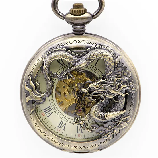Роскошные стимпанк китайские карманные часы с драконом цепи ожерелье кулон автоматические механические ручной Ветер мужские Fob часы - Цвет: Dragon