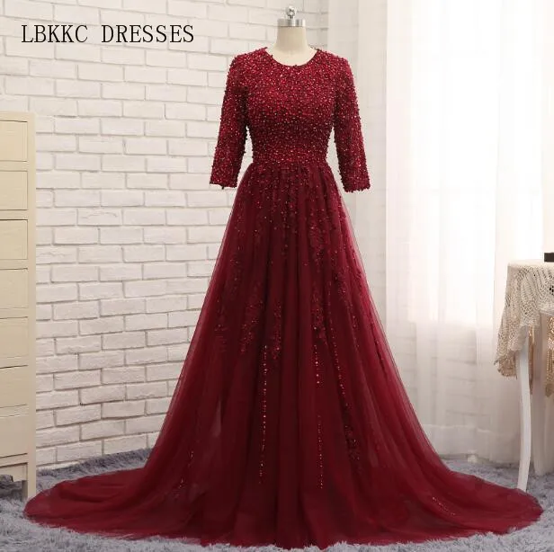 

Robe De Soiree Burgundy Evening Dresses Sparkly Beaded Open Back A Line Tulle Formal Women Party Evening Gown Dresses 2017