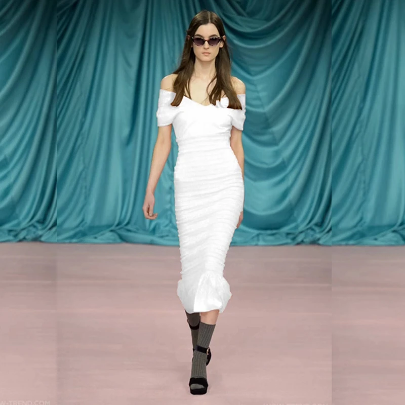 Corta Club Della Abiti Dalla Nuovo Scollo Largo 2018 Del Un A Spalla Fasciatura Elegante Vestito Personaggio Più Festa Manica Al Donne V Bianco Famoso Con Di Solido Sirena AITFT4
