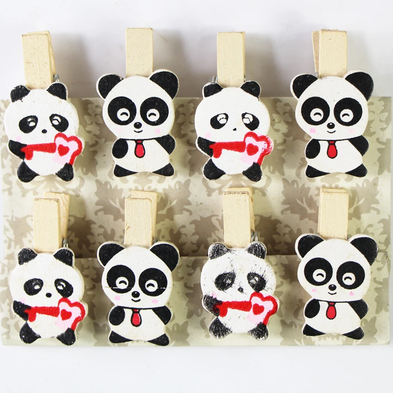 8 pcs Cute Panda Elephant Animal Cartoon Mini Natural Wooden Pegs Memo