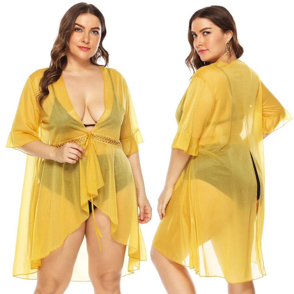 Страуса женская мода лето сексуальная прозрачная сетка большой размер платье Желтый тренд кружева крючком пляжное удобное платье
