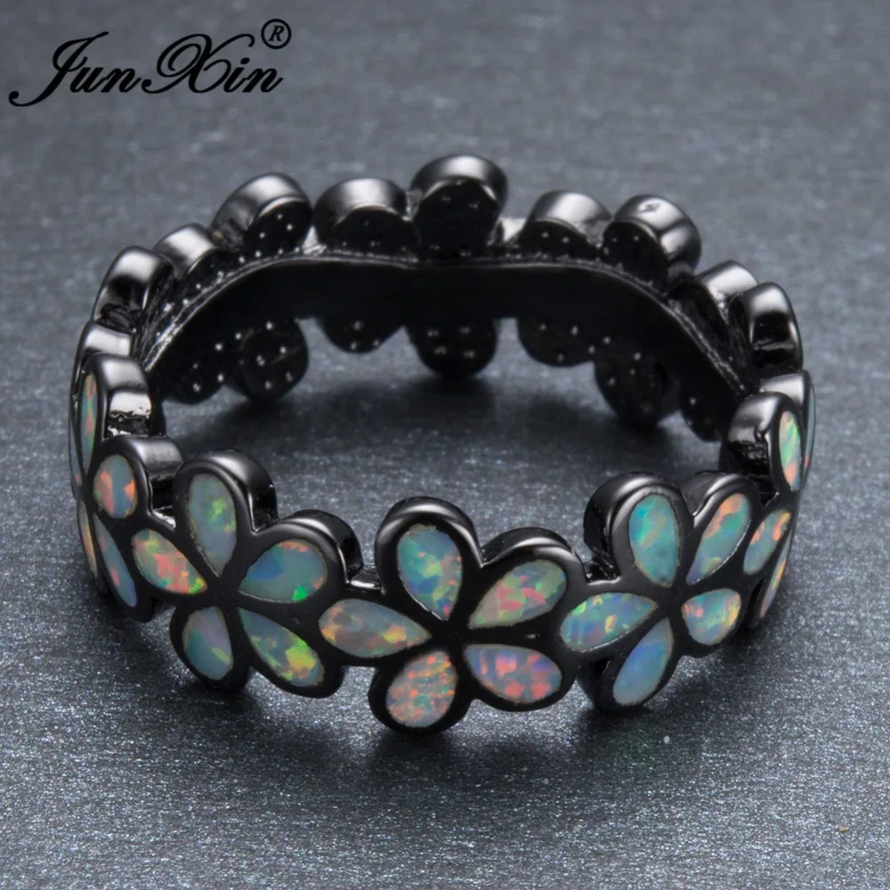 JUNXIN Fashion Black Gold Filled Rings For Women Rainbow Fire Opal Daisy Flower Ring Unique Birthstone Jewelry Mother's Day Gift