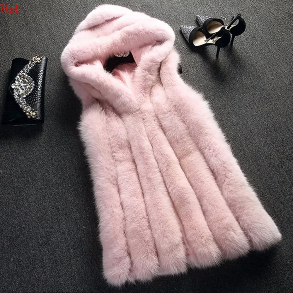 

Top Luxurious Women Winter Vests Fashion Hood Jacket Sleeveless Warm Waistcoat Faux Fox Fur Vest Coat Plus Size Outerwear Parka
