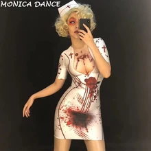 Костюмы на Хэллоуин для женщин, сексуальное белое короткое платье для медсестры с 3D принтом, персональные костюмы для ночного клуба, вечерние костюмы для сцены