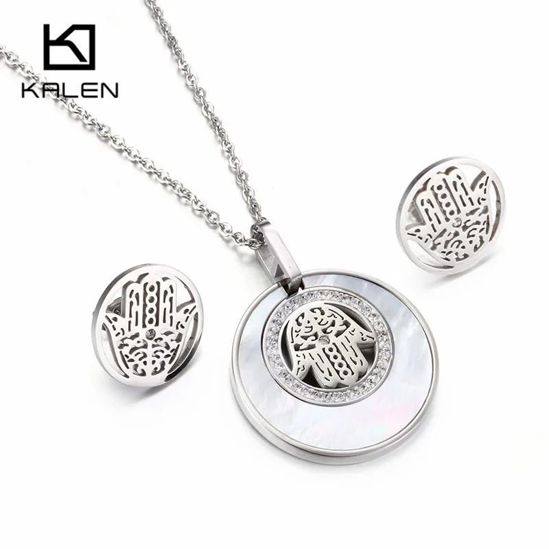 Kalen Women Lucky Shell Jewelry Set New Stainless Steel Gold Color Fatima Hamsa Hand Pendant Necklace & Earrings Set Gift 2017