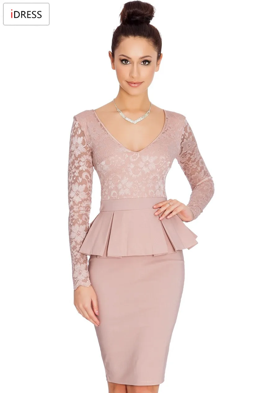 IDress Women Work Dresses 2016 New Fashion for the Office Sexy Elegant Long Sleeve Lace Knee Length Peplum Bodycon Office Dress (4)
