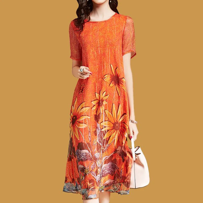 

2019 Silk Elegant Floral Dress For Woman Loose Short Sleeve Vestido Casual Plus Size Dresses Orange Sundress aa743