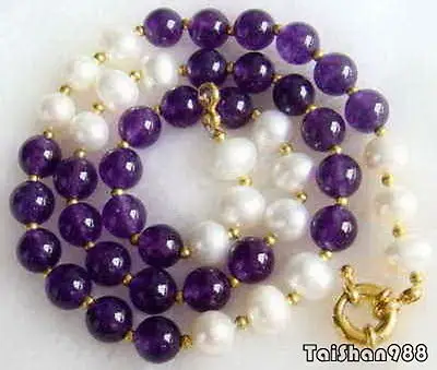 

Hot sale Free Shipping>>Real 8 mm White Pearl Amethyst Beads 18KGP Clasp Necklace