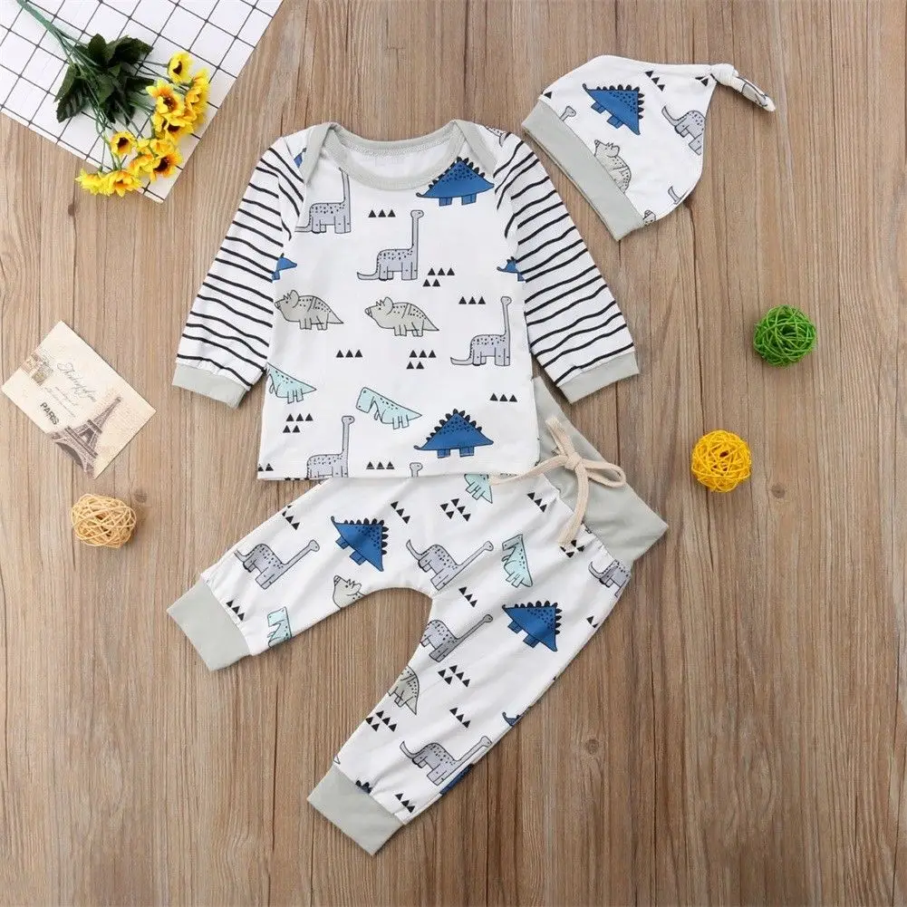 

Newborn Baby Boy Girl Casual Soft Long Sleeve Tops +Long Pants Hat 3PCS Outfits Set Clothes Cartoon Dinosaur