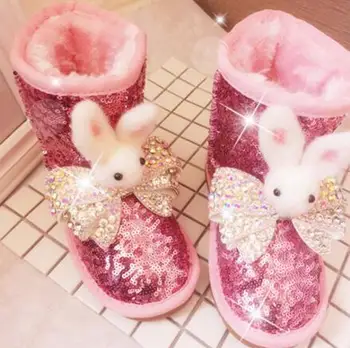 

2017 Handmade Parent-Child Bling Bling Sequins Pink Boot No Tie Shoelaces Rabbit Leather Snow Ankle Boot Kawaii Shoe Warm Winter