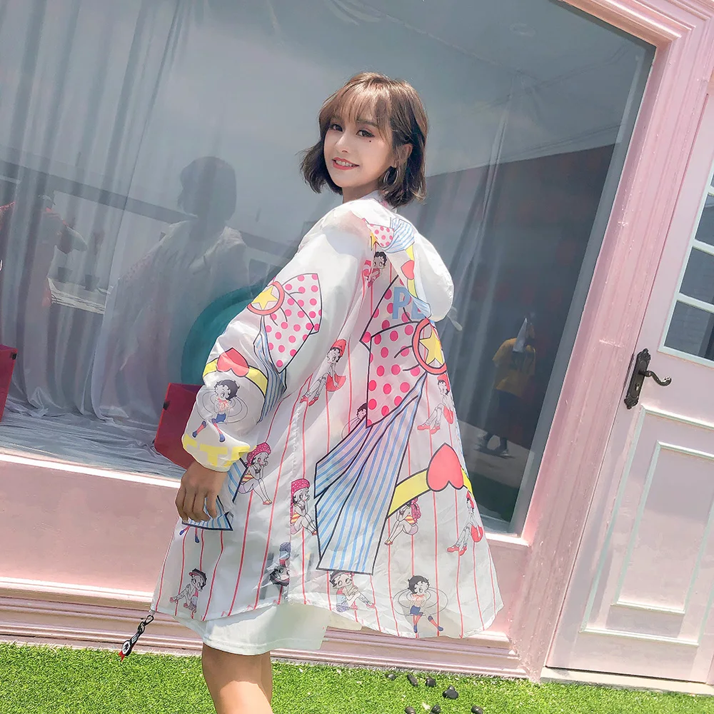 

MUMUZI 2019 summer new chic cartoon tops sun protection clothing female long hooded ultra-thin cardigan coat print white blouse