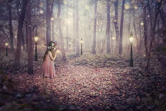 Enchanted Woodland Forest Tree Lights Vinyl Photo Backdrop - High Quality Fantasy Background for Kids & Children Photography image 2