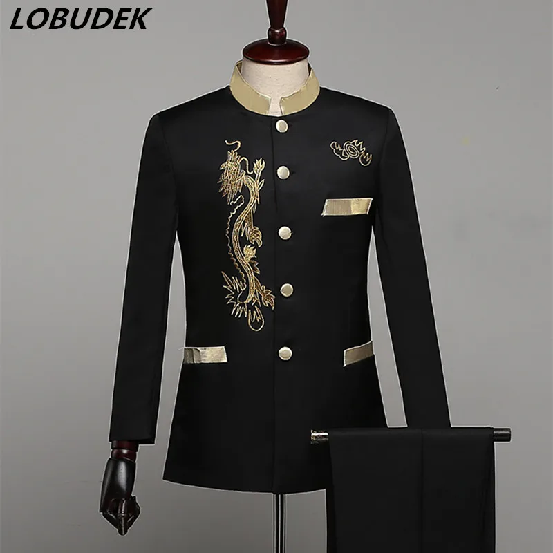 Chinese style Embroidery Male Suits Black White Blazers Prom Party