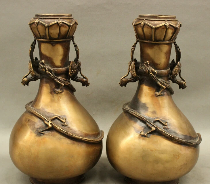 

bi003473 11" Chinese Bronze Dynasty Palace Phoenix Handle Dragon Statue Vases Pot Pair