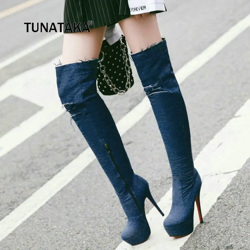 

Lady Cool Holes Denim Over The Kenn Boots Fashion Side Zipper Platform Women Warm Winter Thin Heel Thigh Boots Blue