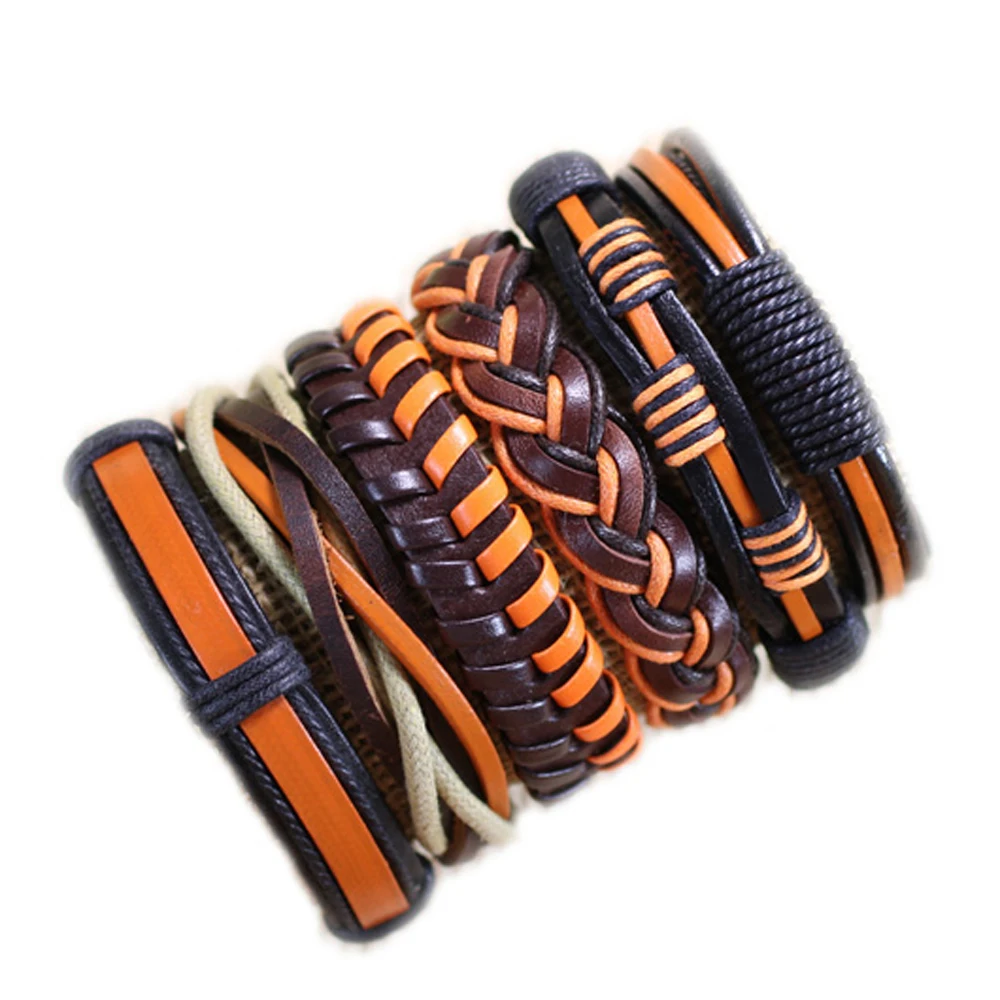 

Free shipping wholesale (6pcs/lot) casual orange braid bangles ethnic tribal genuine adjustable leather bracelet for unisex -S90