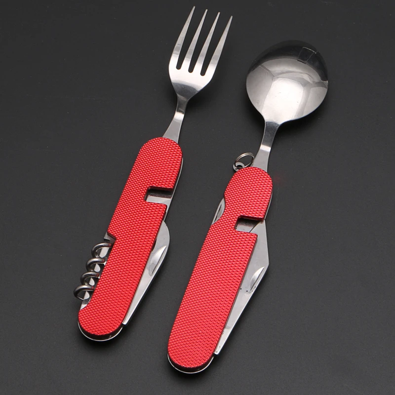 

6 in1 Multifunction Outdoor Tableware Camping Stainless Steel Folding Kits for Hiking Survival Travel Camping Cutlery