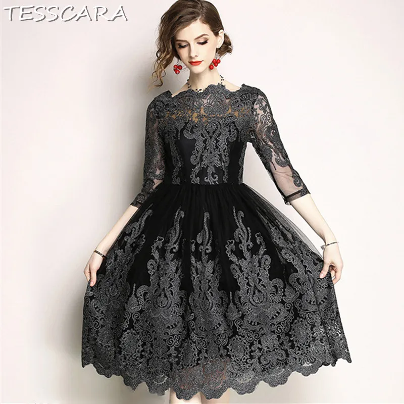 

TESSCARA Women Elegant Embroidery Mesh Dress Festa Female Vintage High Quality Designer Vestidos Office Party Lace Robe Femme