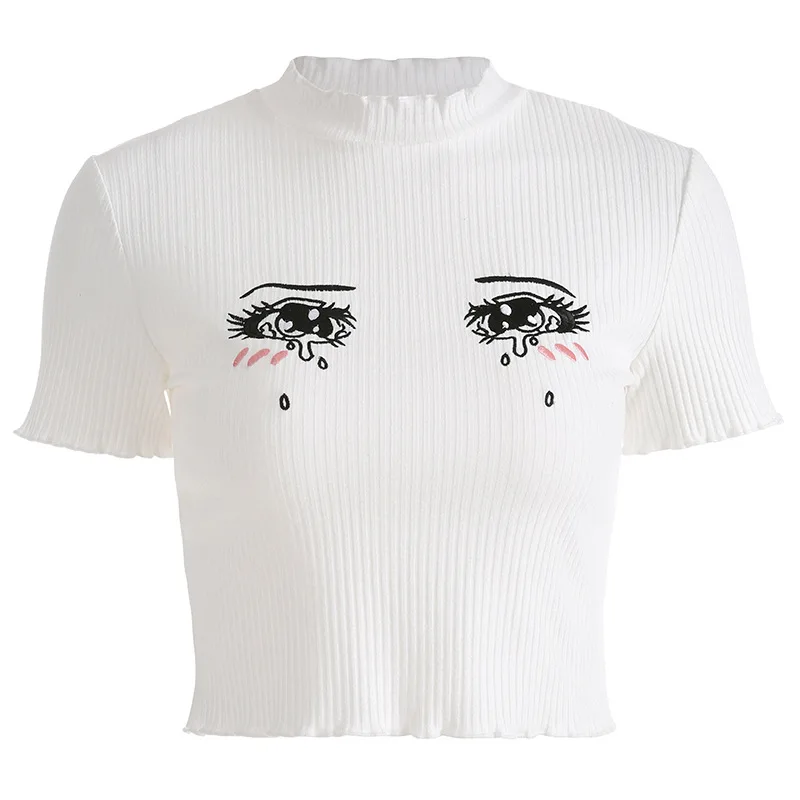 Модная Ребристая белая женская футболка с вышивкой глаза слезы, вязаный облегающий укороченный топ, футболка с коротким рукавом, летние футболки - Цвет: Белый