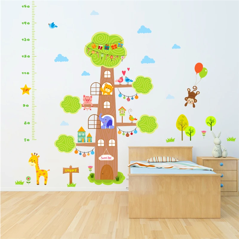 

cartoon animals tree sweet home height measure wall stickers for kids room monkey giraffe bear children growth chart wall decals