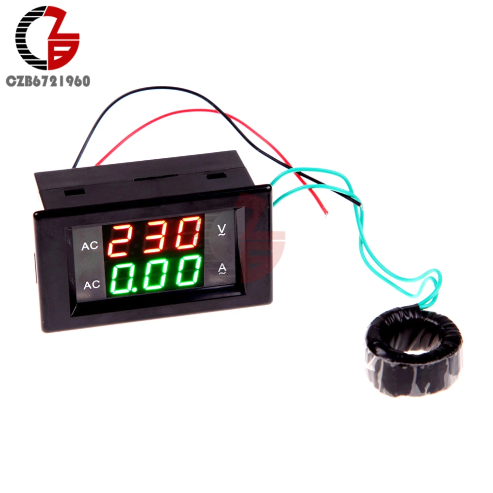 

100A AC Digital Ammeter Voltmeter Amp Volt Meter Voltage Current Meter LCD Panel Red Green Display with AC Current Transformer