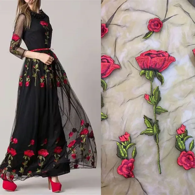 1 yards Heavy Net Yarn Rose Embroidery Vintage Fabrics Flower Dress