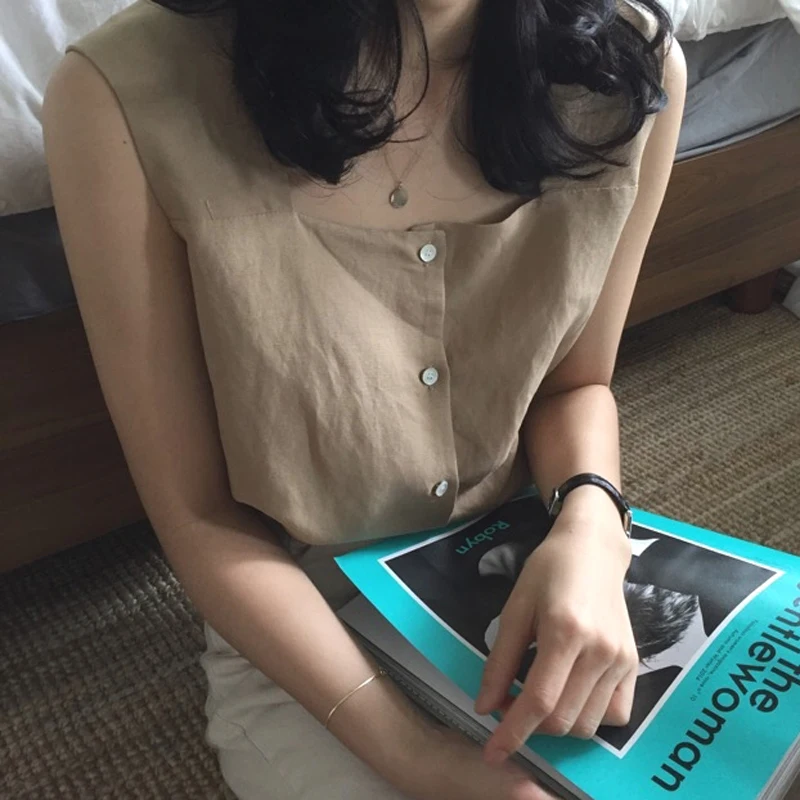 

Retro Slim Sleeveless Solid Color Shirt Women's Shirts Kawaii Female Ulzzang Sweet Korean Harajuku Lovely Punk Tunic For Women