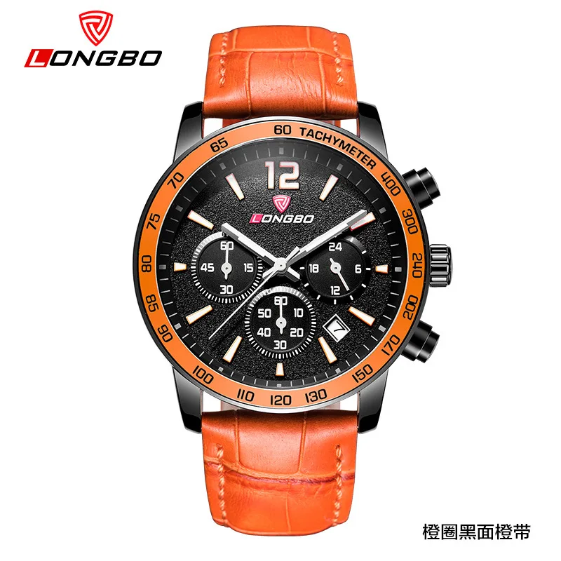 

Fashion LONGBO Brand watches men three Eyes six-pin genuine Leather sport Watch relogios masculino quartz Water Resistant watch