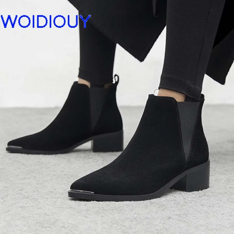 

Winter Ankle Boots Handmade Patchwok Leather Chelsea Boots Med High Heels Slip-On Women Boots Botas Mujer Shoes Outwear Shoes