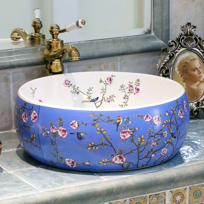 Europe style chinese Jingdezhen Art Counter Top ceramic bathroom sink painted porcelain sink with countertop  (3)