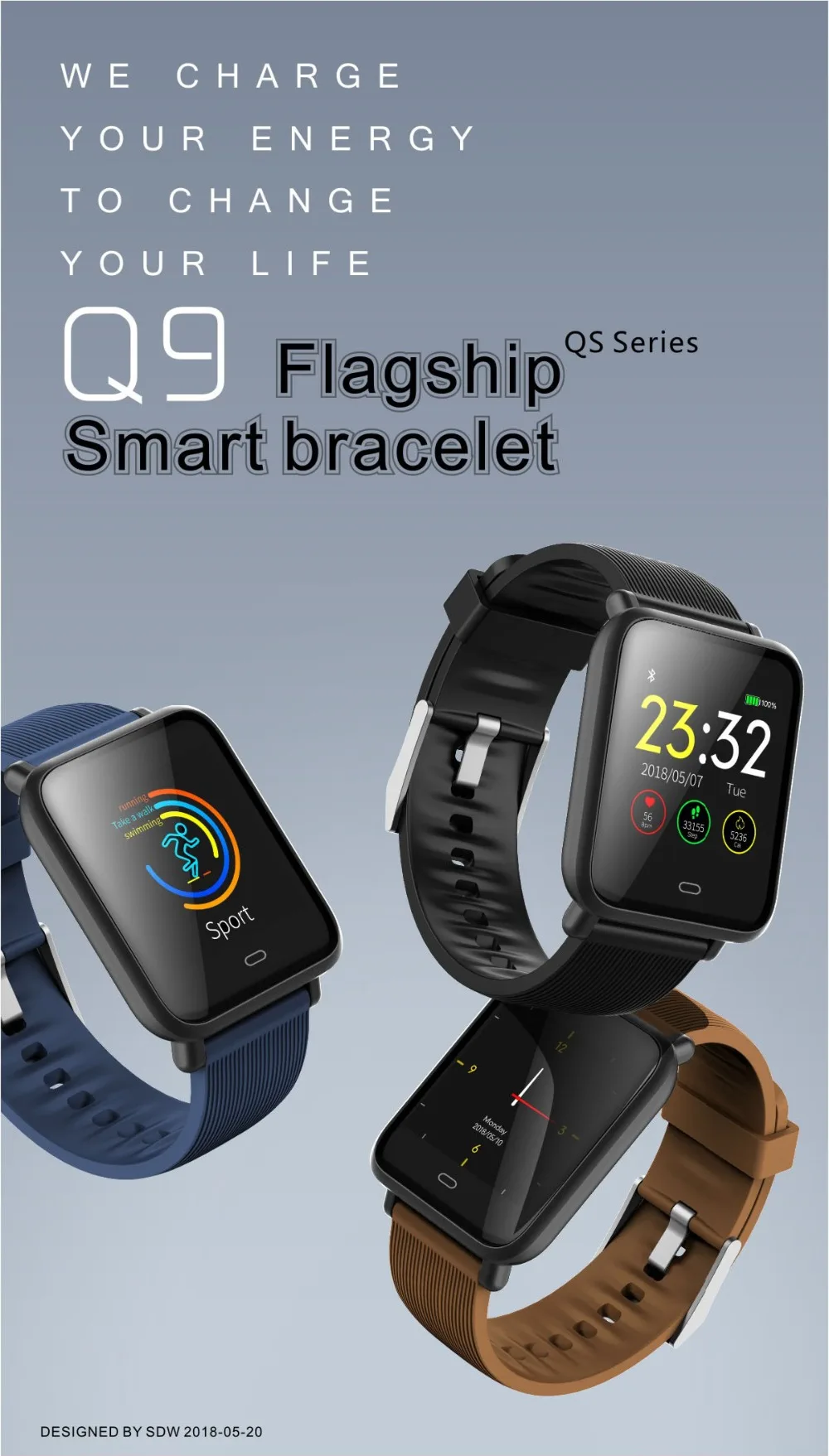 696 Q9 умный Браслет спортивный фитнес-трекер многофункциональные Q9 водонепроницаемые наручные часы для iOS Android 1,3 дюймов цветной экран