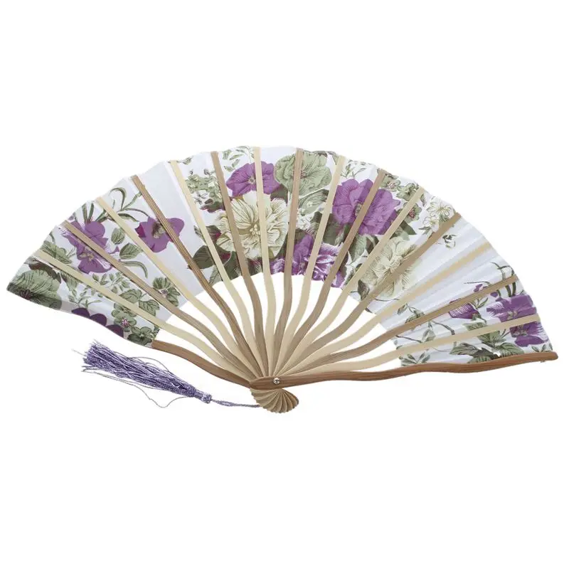 Chinese Floral Pattern Fabric Bamboo Frame Foldable Hand Fan Brown | Дом и сад