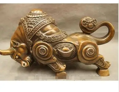 

wholesale factory Decoration Crafts Brass Art 13" Chinese Year Zodiac Bronze Copper Wealth Coin RuYi Fighting Bull Ox Statue