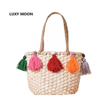 Summer Boho Basket Beach Bag Colorful Tassel Corn Woven Straw Handbags Market Shopping Totes Large Shoulder Bags for Women L211