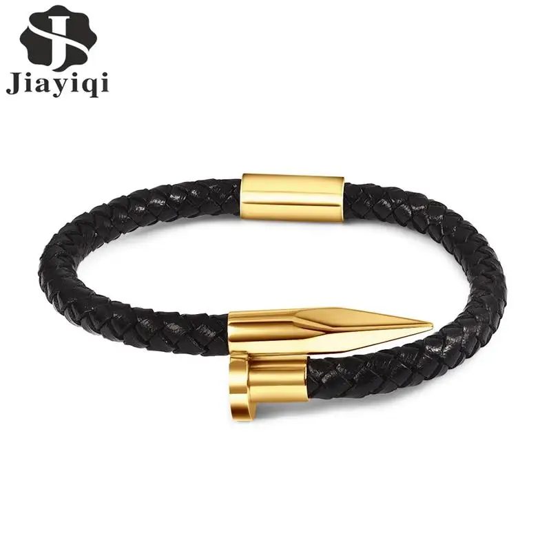 

Jiayiqi Genuine Leather Bracelet for Men Women Nail Design Stainless Steel Magnetic Clasp Braid Rope Chain Punk Gift for Father