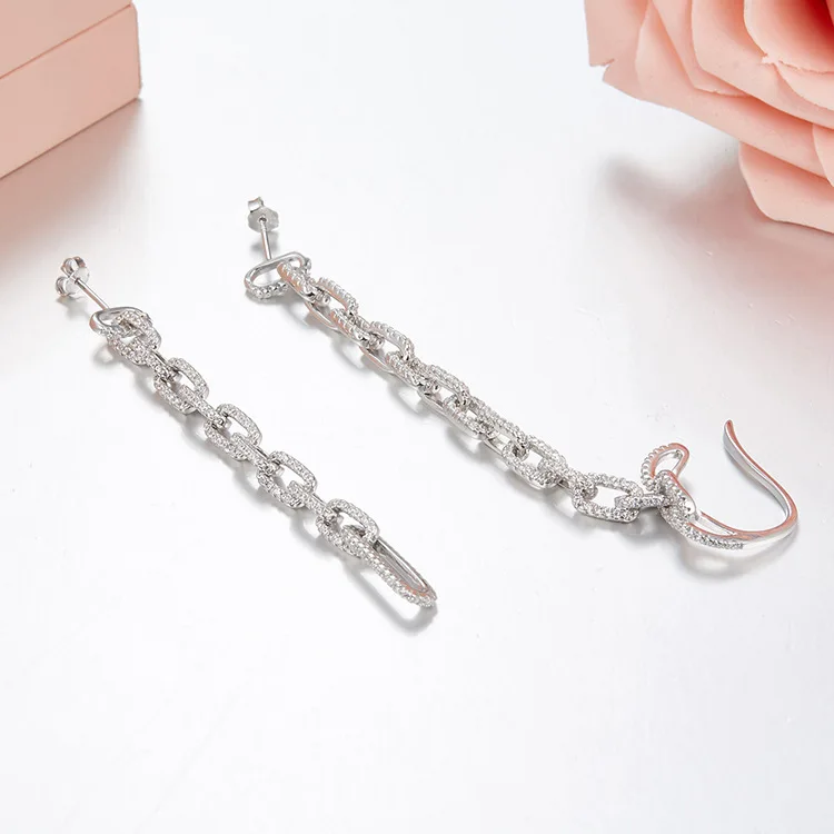 

925 sterling silver cubic zirconia LONG chain dangle earrings ear cuff punk jewelry for women
