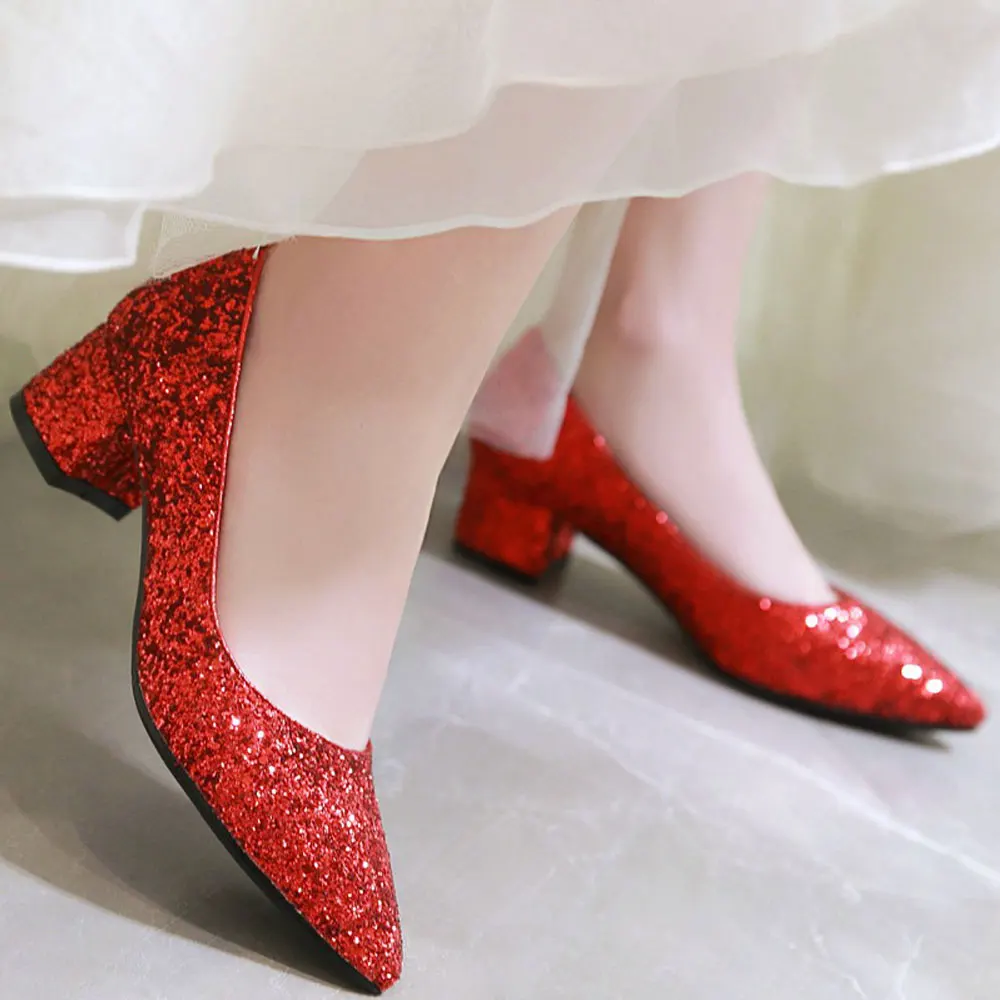 Lsewilly/модные пикантные туфли-лодочки с острым носком блестящие женские туфли на толстом каблуке средней высоты, красного, золотого, серебряного цвета Большие размеры 34-43, S574