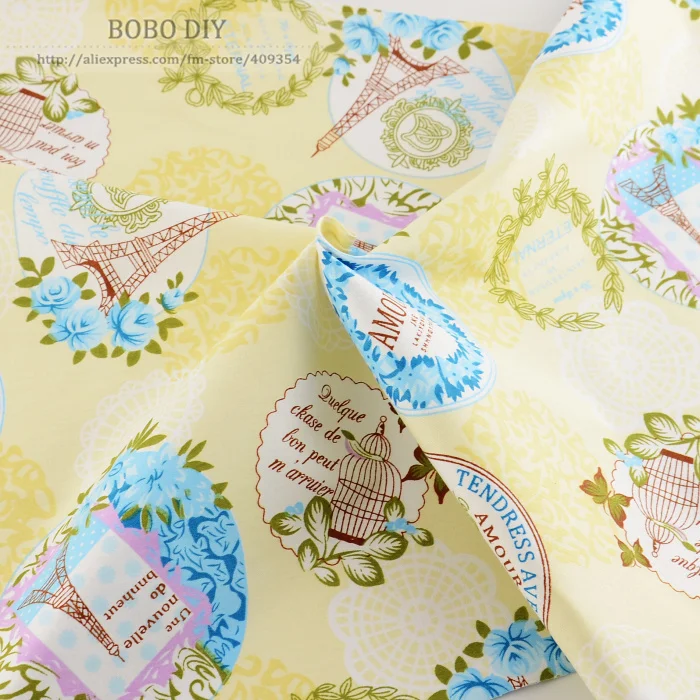 2015 NEW 1 meter 100% Cotton Beige Fabric Exquisite Tower Printed  for clothing dress Bedding Tilda Cloth quilting 160cmx100cm