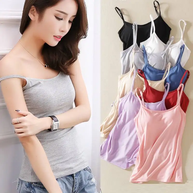 New Padded Bra Tank Top Women Modal Spaghetti Solid Cami Top Vest Female Camisole With Built In Bra Fitness Clothing silk camisole