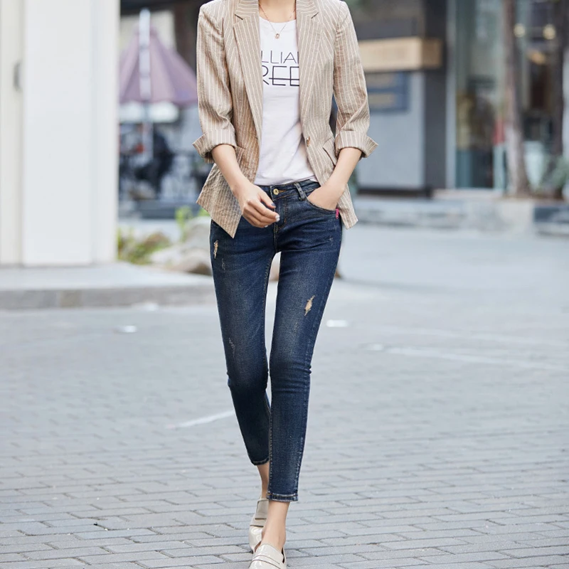 women blazer turn down collar slim Cotton blazer mujer 2019 Solid color stripes Vintage small fragrance vogue blazer New fashion