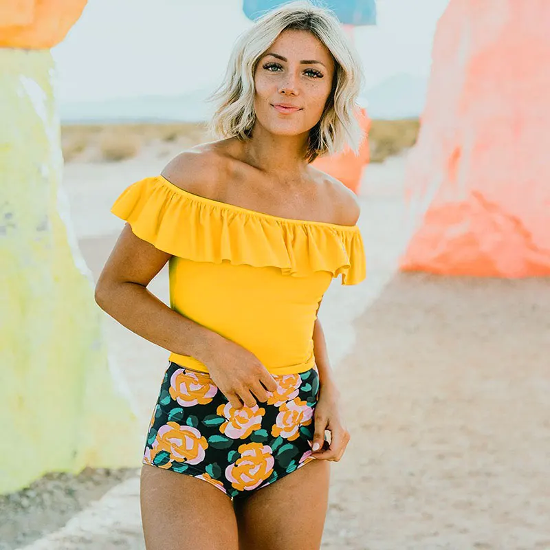 

2019 New Ruffle Tankini Swimwear Off Shoulder Tankini Set Swimsuit Floral Printed Bathing Suit Beach Wear High Waist Swim Suit