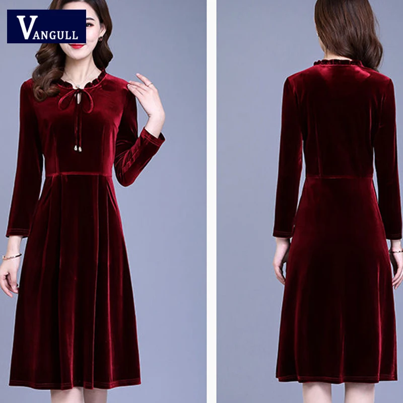 Günstige VANGULL frauen Samt Kleider Herbst Winter Elegante Damen Lange Hülse Knie Länge Kleid Blau Weinrot Lange Party kleider