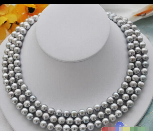 

FREE SHIPPING3row 9mm gray round freshwater cultured pearl necklace p3575