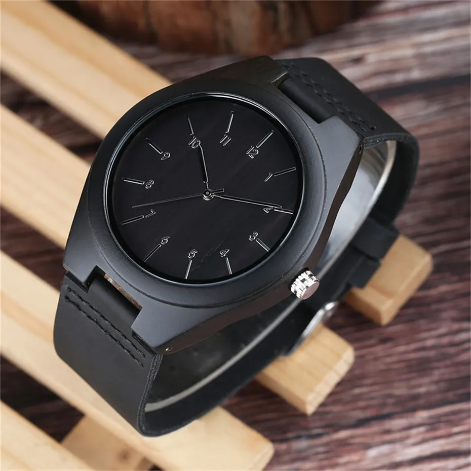 Black Cool Nature Wood Arabic Number Men Quartz Wrist Watch Analog Casual Brown Genuine Leather Band Strap Sport Clock Gift (9)