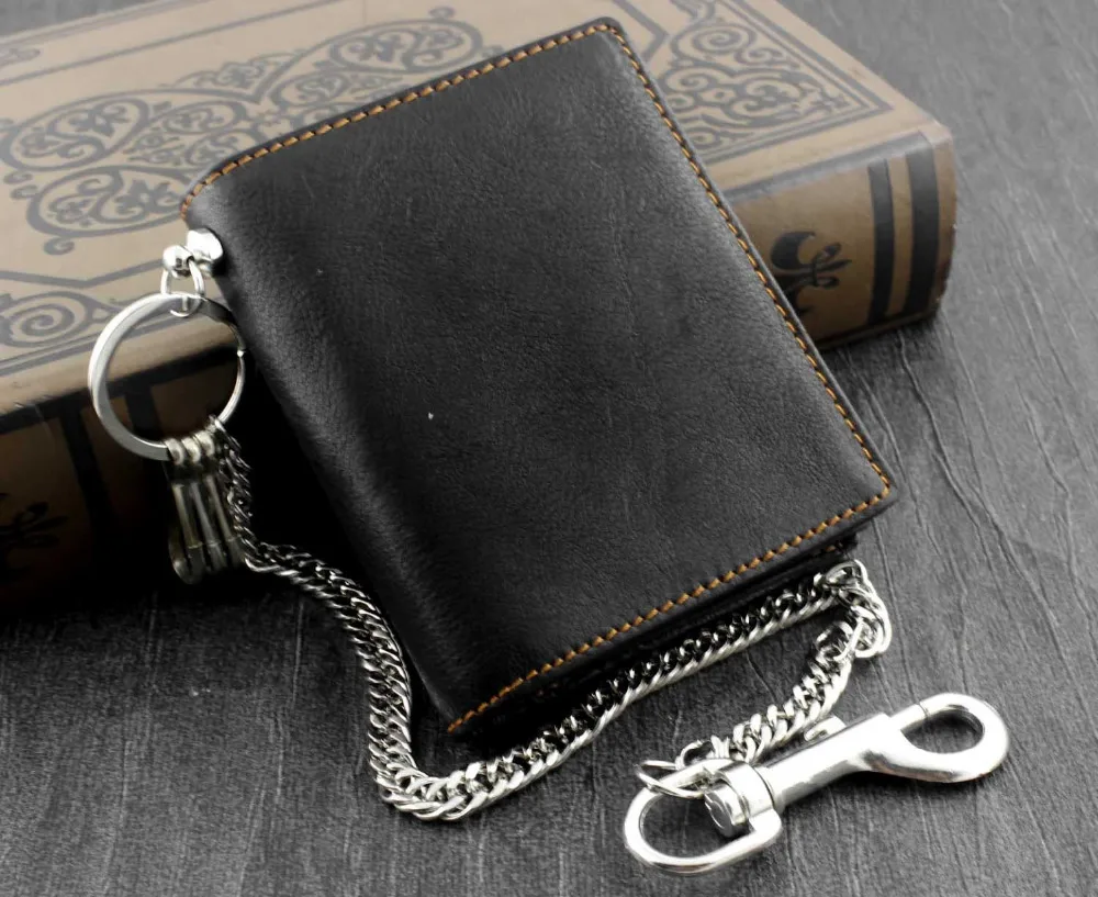 

Mens Biker Leather Money Clip Wallet With Anti Theft Chain Korean Fashion Black